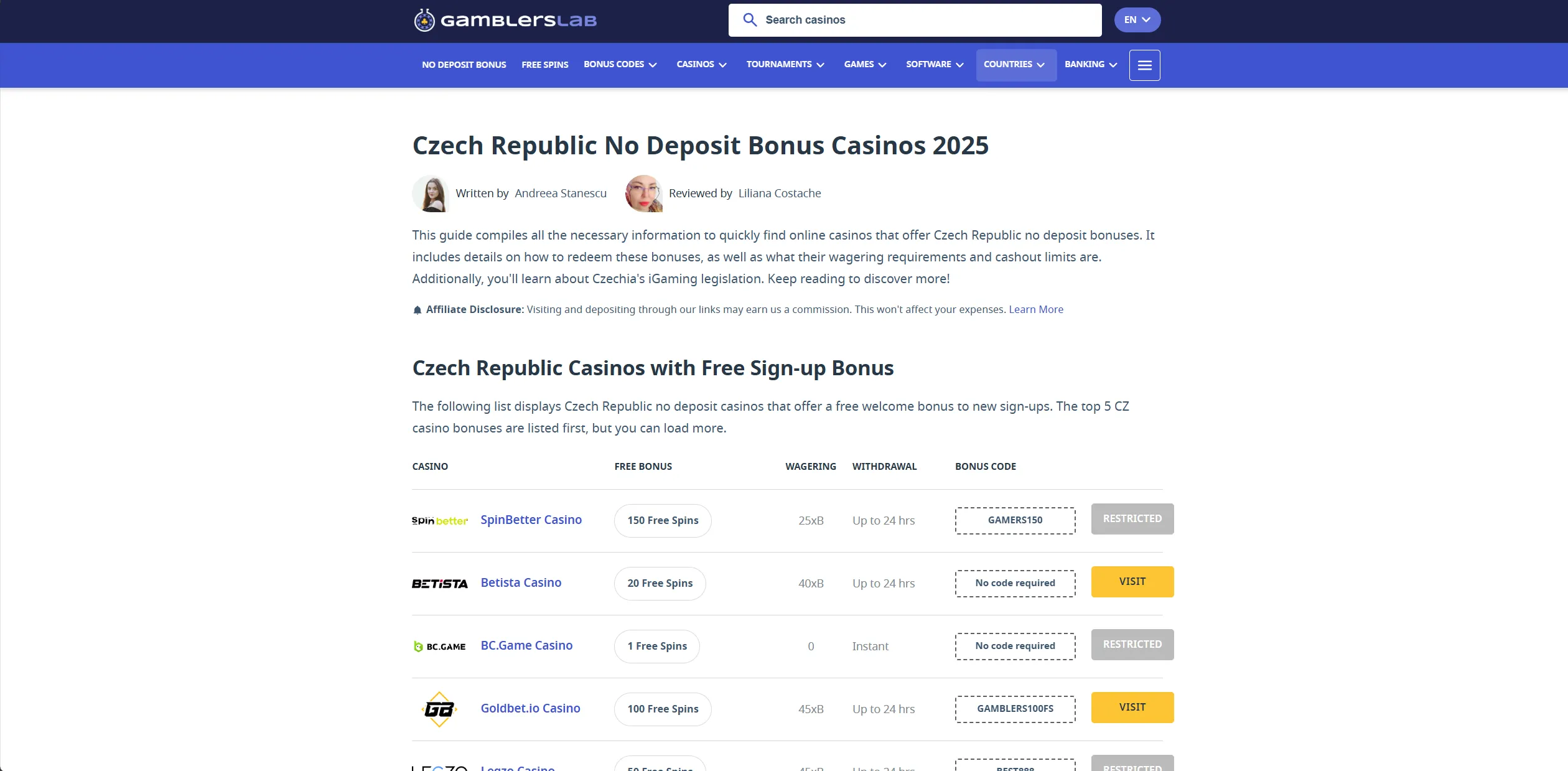 Screenshot of Gamblerslab.com - Czech Republic No Deposit Bonus Casinos | GamblersLab.com
